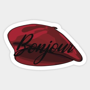 Red French Beret with the word 'bonjour' in it Sticker